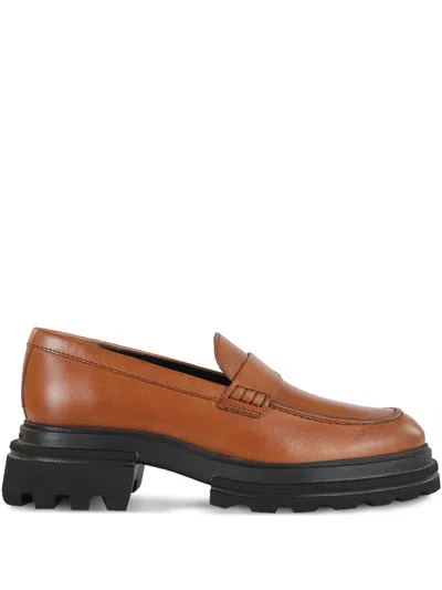 Hogan Round Toe Brown Leather Moccasin With Soft Insole And Eva Sole In Multi