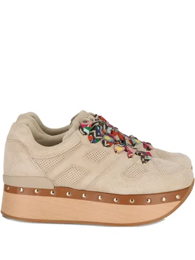 Hogan Perforated-front Platform Suede Sneakers In Neutral