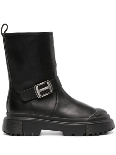 Hogan Pre H619 Leather Biker Boots In Black