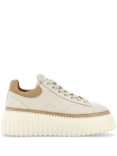 Hogan Raffia Detailed H-stripes Sneakers Shoes In Beige