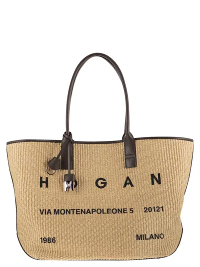 Hogan Raffia Tote Bag With Leather Accents In Brown