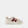 Hogan Rebel Calf Leather Sneakers With Pink Heel In Beige
