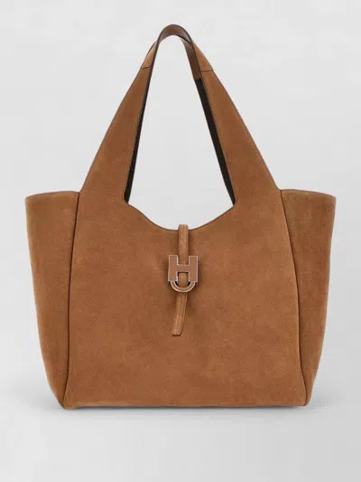 Hogan Rectangular Suede Tote Bag Top Handle Buckle In Brown
