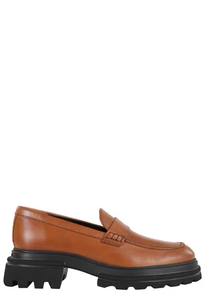 Hogan Round Toe Brown Leather Moccasin With Soft Insole And Eva Sole In Multi
