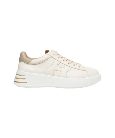 Hogan Rounded Leather Sneakers With Glitter Accents In Beige