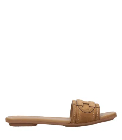 Hogan Flat Calf Leather Stitched Logo Sandals In Brown