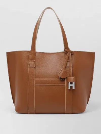 Hogan Script Small Leather Tote Bag In Brown