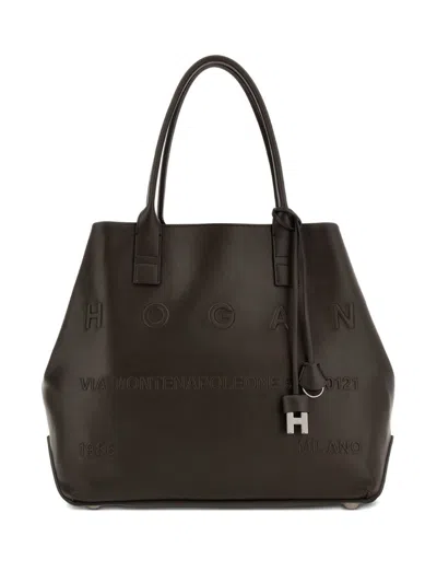 Hogan Script Medium Leather Tote Bag In Brown