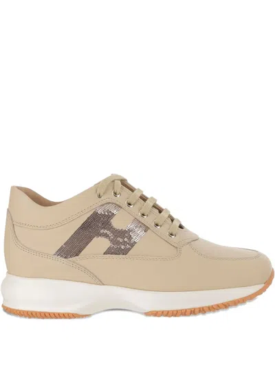 Hogan Beige Lace Up Sneakers In Gold
