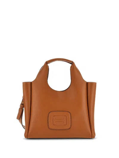 Hogan Small H-bag Shopping Bag In Hammered Leather In Cognac Scuro