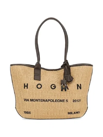 Hogan Small Logo-print Woven Tote Bag In Brown