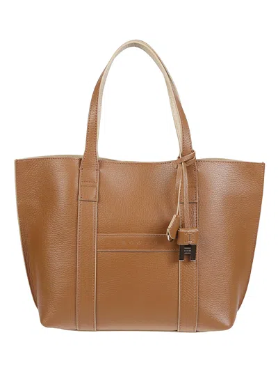 Hogan Small Script Structured Calf Leather Tote Bag In Brown