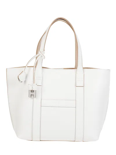 Hogan Small Script Structured Calf Leather Tote Bag In White