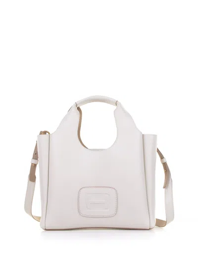 Hogan Small White Leather Shopping Bag In Bianco Marmo