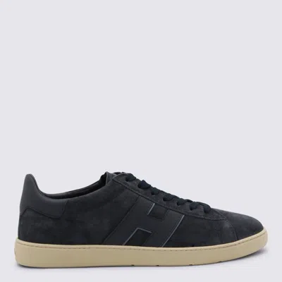 Hogan Midnight Blue Suede Sneakers With Amber Rubber Sole In Black