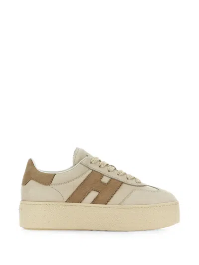 Hogan Beige Leather Platform Sneakers With Suede Accents And Iconic Logo In Animal Print