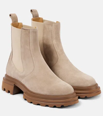 Hogan Chunky Sole Suede Ankle Boots With Elastic Panels In Beige