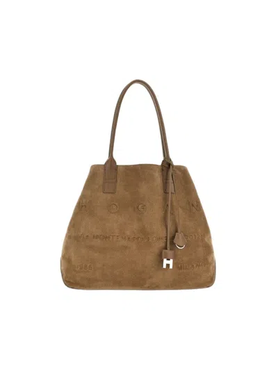 Hogan Spacious Suede Tote Bag With Leather Accents In Pink