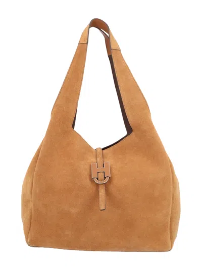 Hogan Spacious Tan Calfskin Tote Bag With Metallic Details In Black