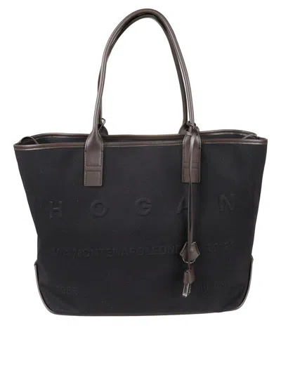 Hogan Structured Black Canvas Tote Bag With Embossed Branding