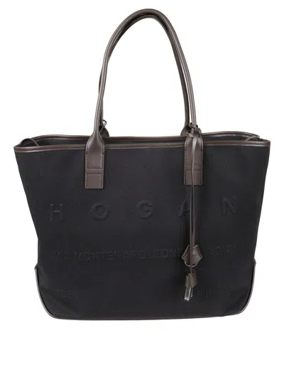 Hogan Structured Black Canvas Tote Bag With Embossed Branding
