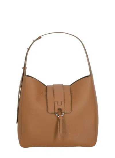 Hogan Structured Leather Hobo Bag With Embossed Logo And Tassel In Brown