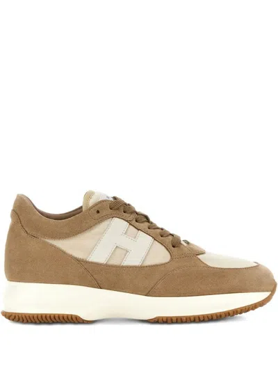 Hogan Interactive Lace-up Sneakers In Calfskin And Nylon In Brown