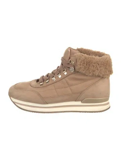 Pre-owned Hogan Suede Faux Fur Trim Wedge Sneakers In Neutral