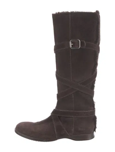 Pre-owned Hogan Suede Fur Trim Boots In Brown