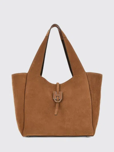Hogan Suede Leather Shoulder Bag With H Logo And Internal Pouch In Cocoa