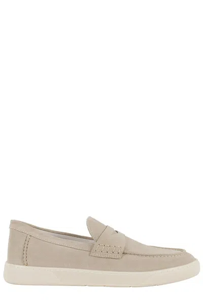 Hogan Suede Moccasin With Stitched Mask And Memory Foam Insole In Beige