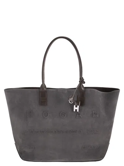 Hogan Suede Shopping Bag With Embossed Logo In Gray
