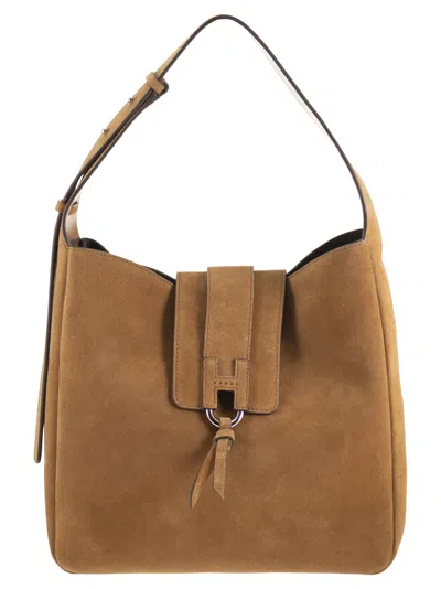 Hogan Suede Shoulder Bag With H Detail In Brown