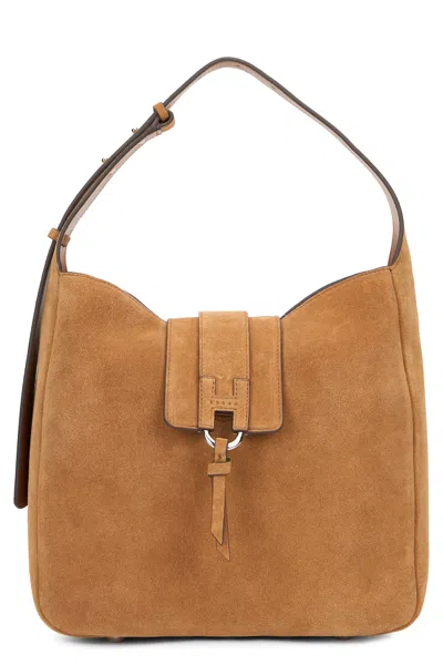 Hogan Suede Shoulder Handbag With Front Flap Closure, 28x29x9 Cm In Camel