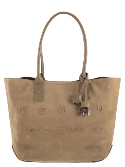 Hogan Suede Tote Bag With Embossed Logo In Brown