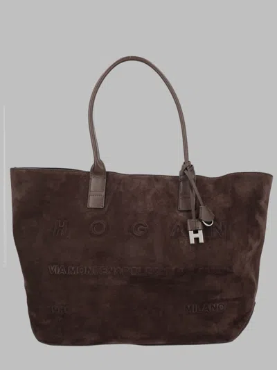 Hogan Suede Tote Bag With Embossed Logo Charm In Brown