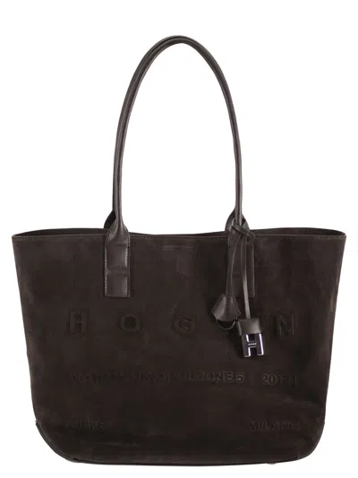 Hogan Suede Tote Bag With Embossed Logo In Gray