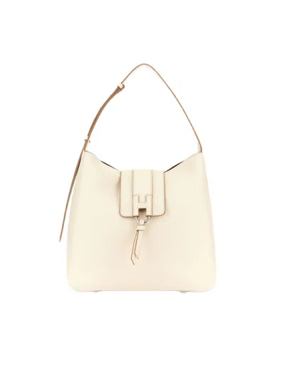 Hogan Textured Hobo Bag With Flap Closure And Raised Logo In White