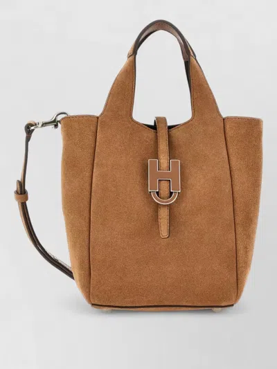 Hogan Tote Bag Adjustable Strap Metal Hardware In Brown