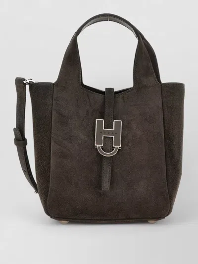 Hogan Tote Bag Adjustable Strap Structured Shape Suede