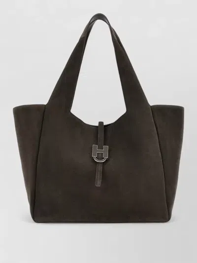 Hogan Tote Bag Suede Finish Metal Hardware Handle In Green