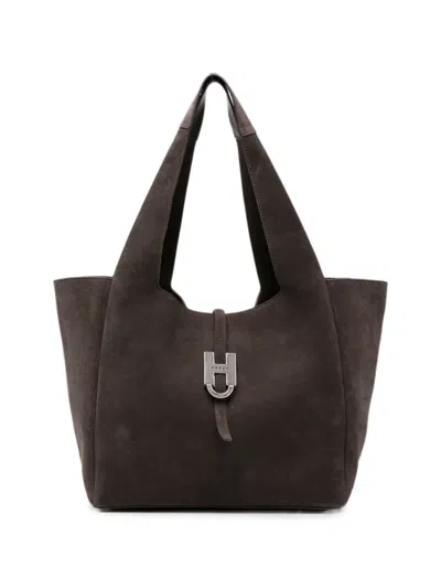 Hogan Trend Logo-plaque Suede Tote Bag In Brown