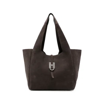 Hogan Trend Logo-plaque Suede Tote Bag In Brown