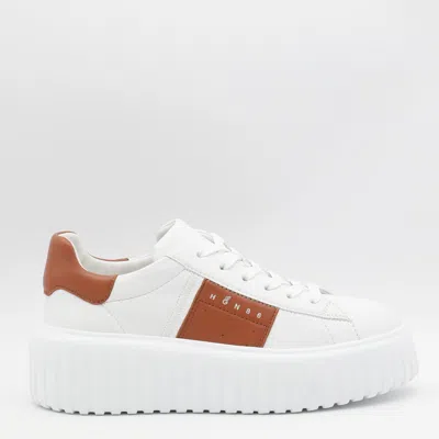 Hogan White And Brown Leather H Stripes Sneakers