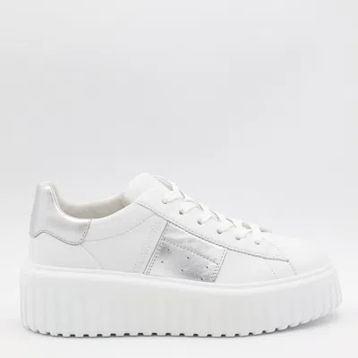 HOGAN WHITE AND SILVER LEATHER H STRIPES SNEAKERS