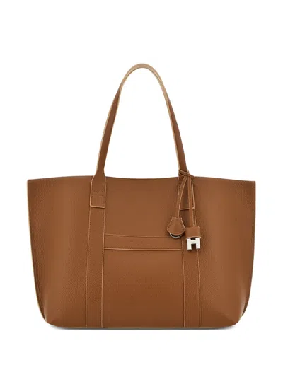 Hogan White Spacious Textured Leather Charm Tote In Brown