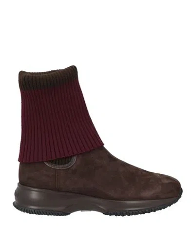 Hogan Woman Ankle Boots Dark Brown Size 5.5 Leather, Textile Fibers In Red