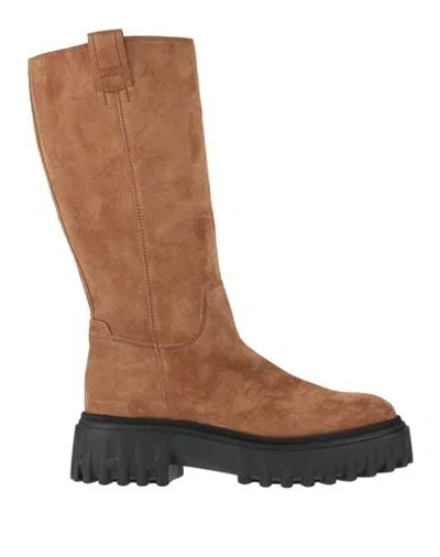 Hogan Woman Boot Light Brown Size 7.5 Leather, Textile Fibers