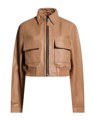 Hogan Woman Jacket Light Brown Size Xs Cow Leather, Cotton, Polyester, Elastane