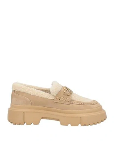 Hogan Woman Loafers Sand Size 8 Leather, Textile Fibers In Nude